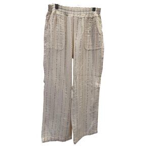 SOMO Striped Textured Wide Leg Pants | Cream Linen Blend | Elastic Waist | Women